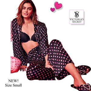 NEW Victoria's Secret Satin Long Pajama Set Black Pink Hearts PJs Sleep Small